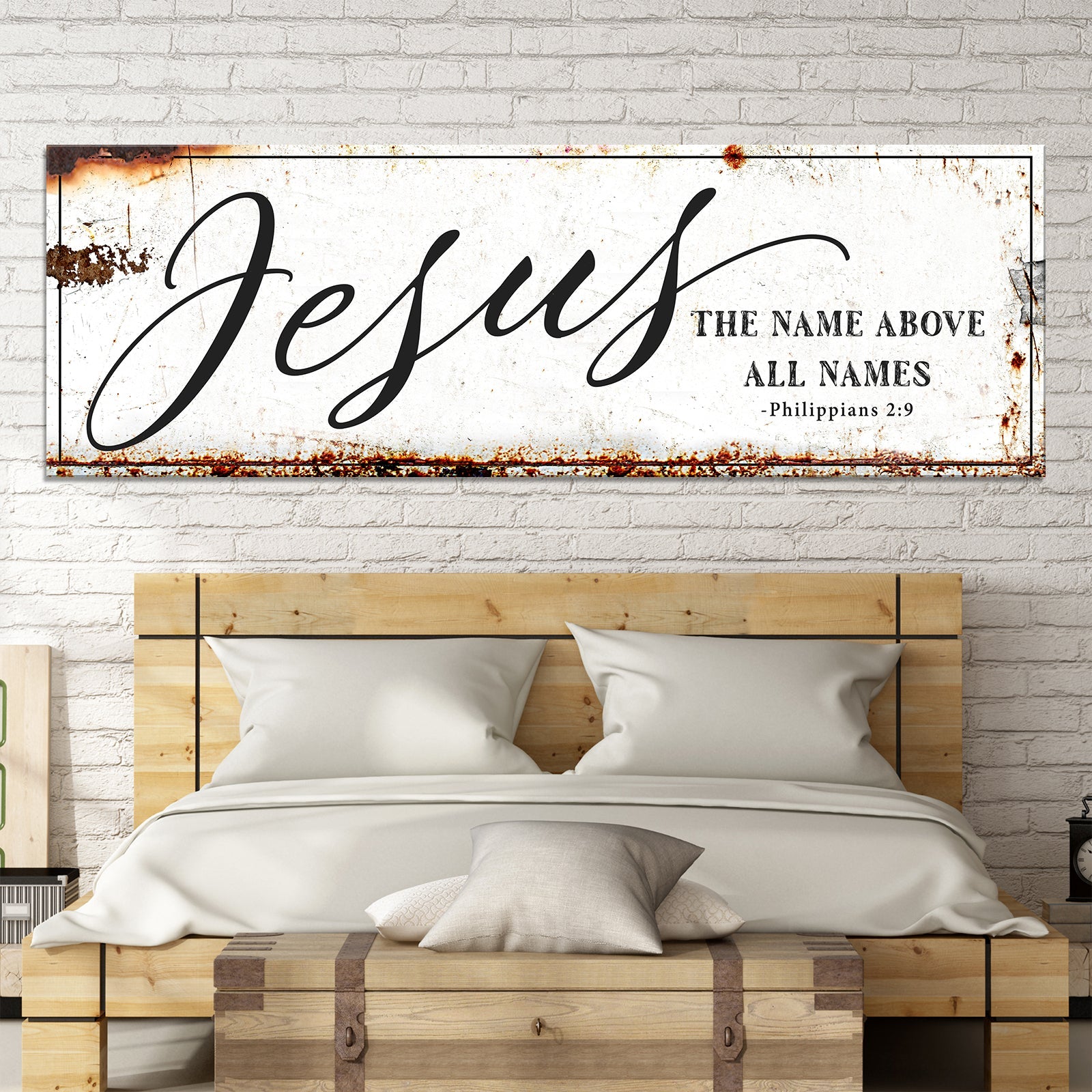 Canvas sign Jesus in script with The Name Above All Names Philippians 2:9 rusted edges on Tampa Home & Garden Store