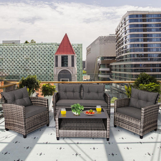 4 Pieces Patio Rattan Furniture Set Coffee Table Cushioned Sofa-Gray - Tampa Home & Garden Store