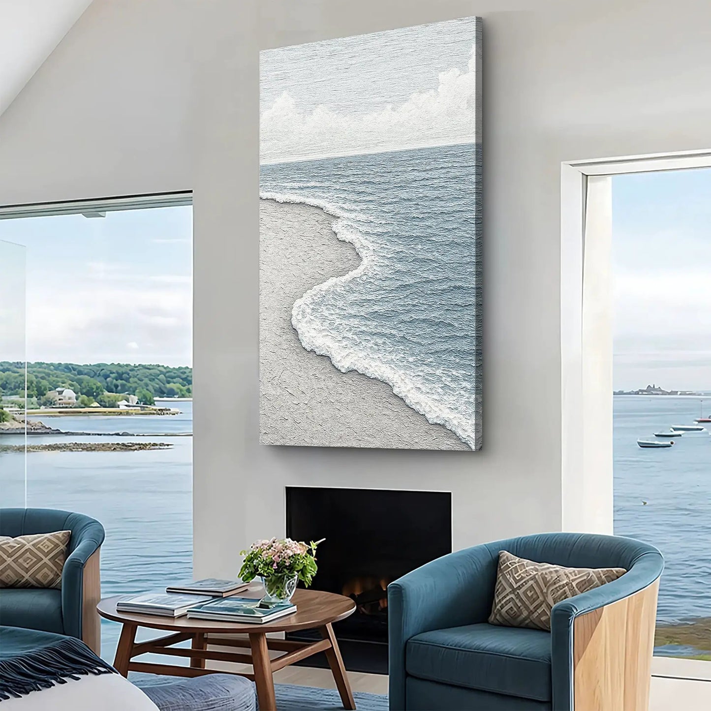 White Waves Abstract Wall Art canvas with ocean-blue wave texture on Tampa Home & Garden Store