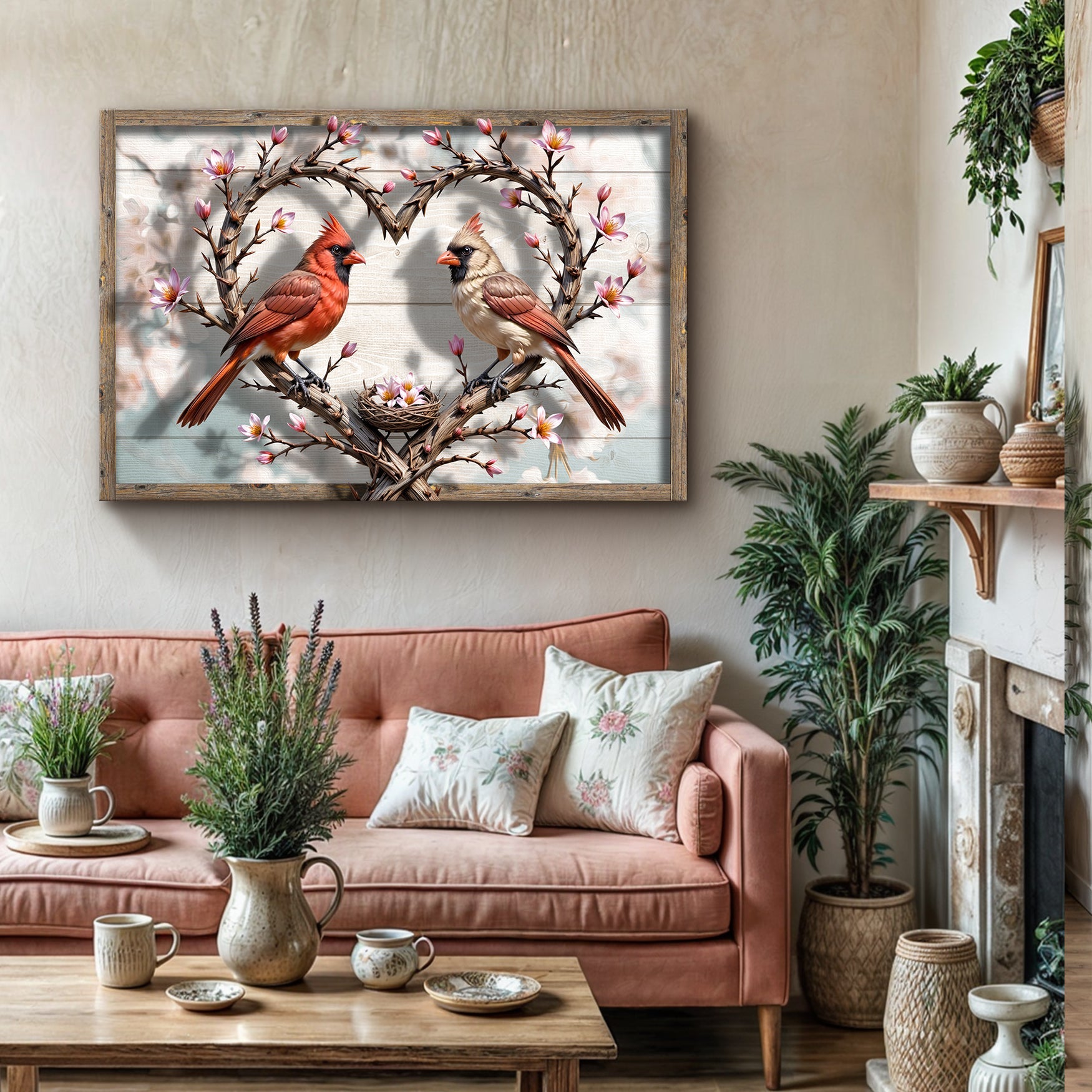 3D Cardinals Wall Art V canvas wooden-framed with two cardinals on a flowering heart branch on Tampa Home & Garden Store