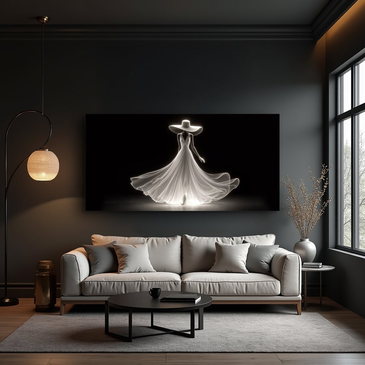 Modern Glam Fashion Wall Art canvas with glowing white dress silhouette on black backdrop on Tampa Home & Garden Store