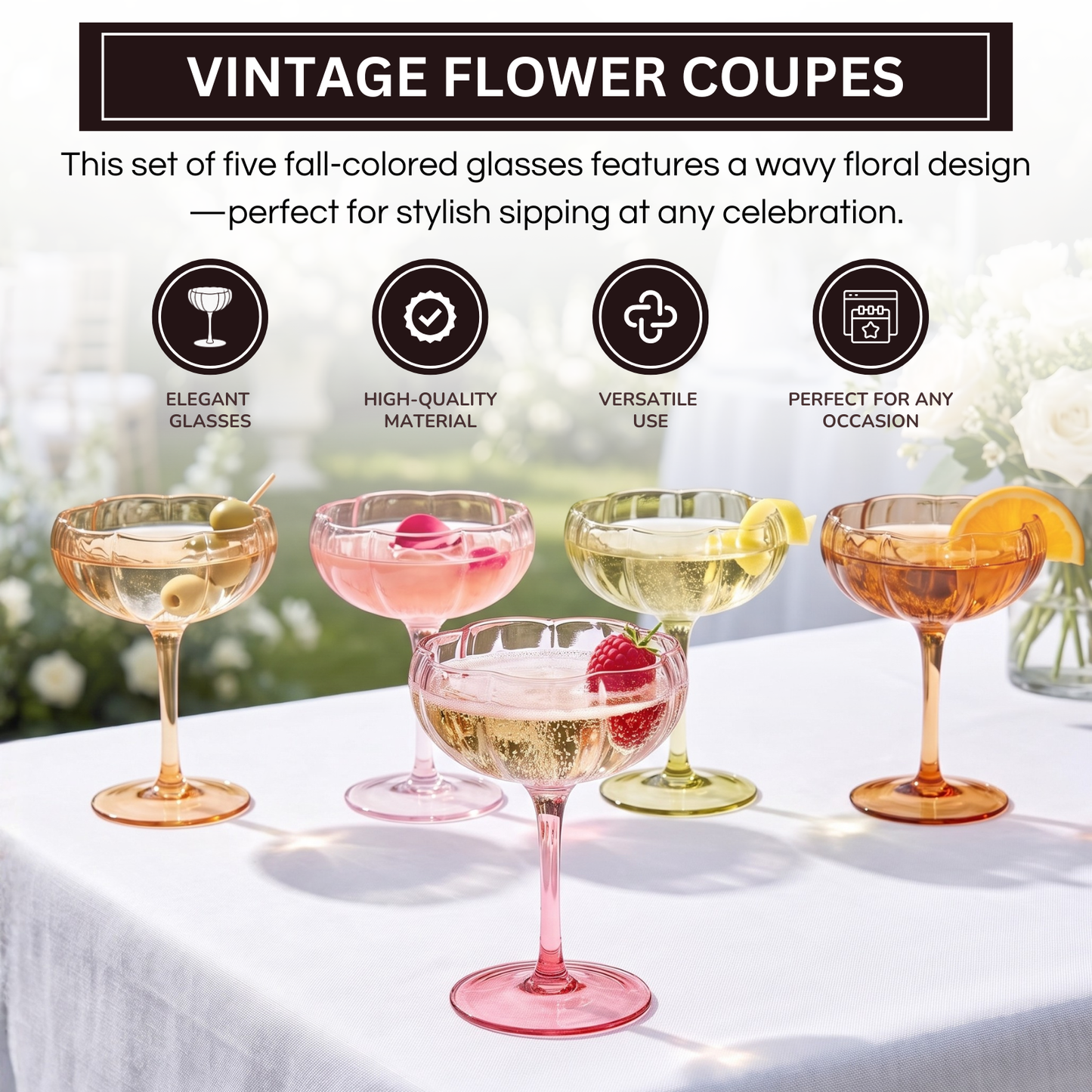 Colorful Flower Coupe Cocktail Glass Set of Five