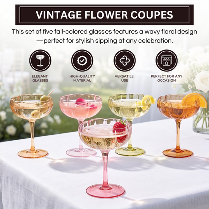 Colorful Flower Coupe Cocktail Glass Set of Five