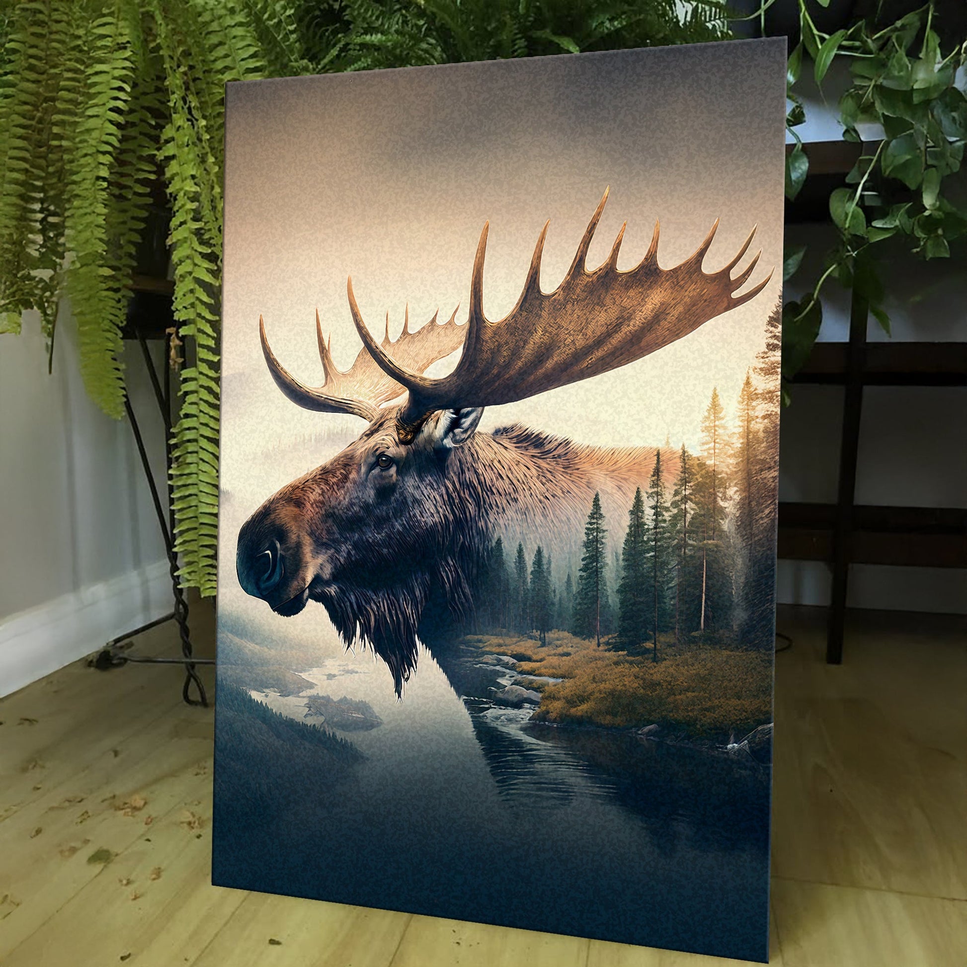 Moose Double Exposure Canvas beige gradient with forest scene on Tampa Home & Garden Store on Tampa Home & Garden Store