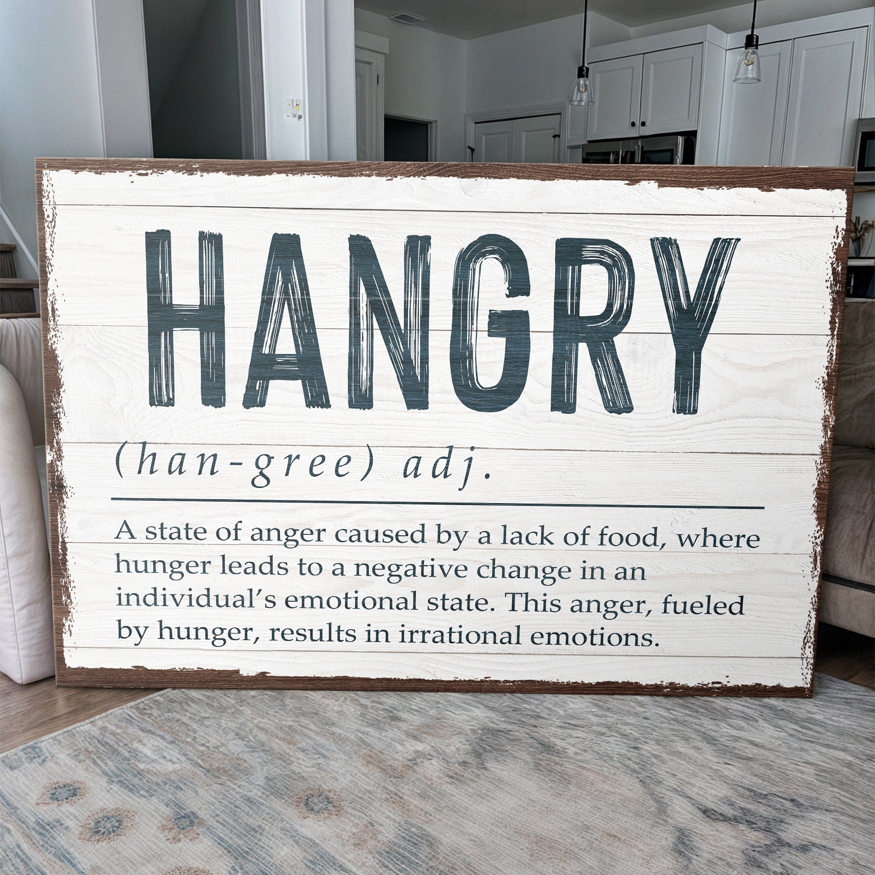 Hangry Kitchen Sign II canvas by Tailored Canvases on whitewashed wood with navy lettering on Tampa Home & Garden Store