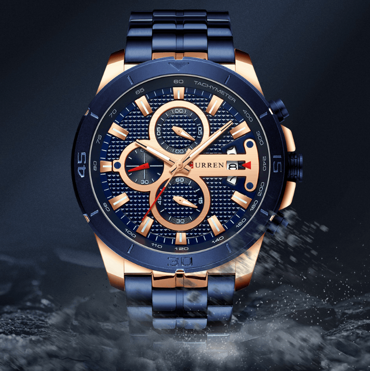 Stevvex men's waterproof watch with chronographs and day view blue rose-gold steel band on Tampa Home & Garden Store