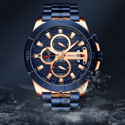 Stevvex men's waterproof watch with chronographs and day view blue rose-gold steel band on Tampa Home & Garden Store