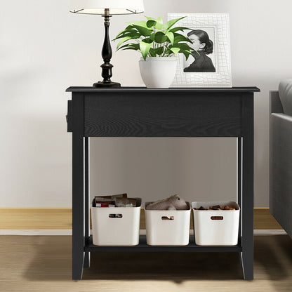 Black wooden nightstand with lamp, plant, framed photo, and three white storage baskets on shelf on Tampa Home & Garden Store