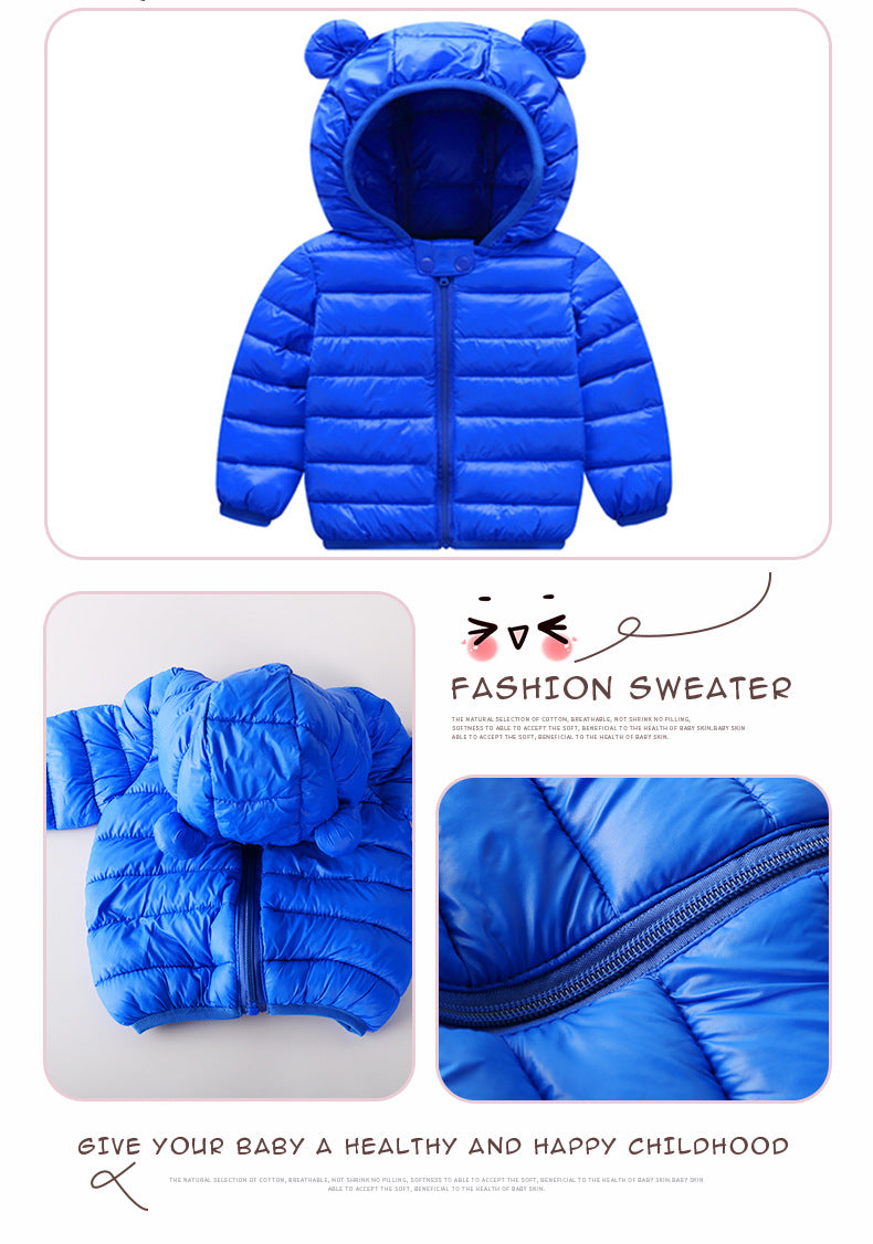 Stevvex blue hooded baby puffer jacket with bear-ear hood and front zipper on Tampa Home & Garden Store