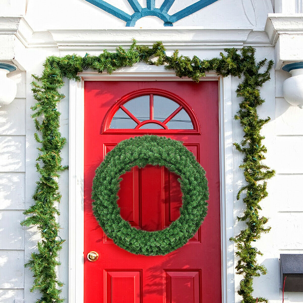 48 inch DirectDeals pre-lit cordless artificial Christmas wreath on a red front door with garland on Tampa Home & Garden Store