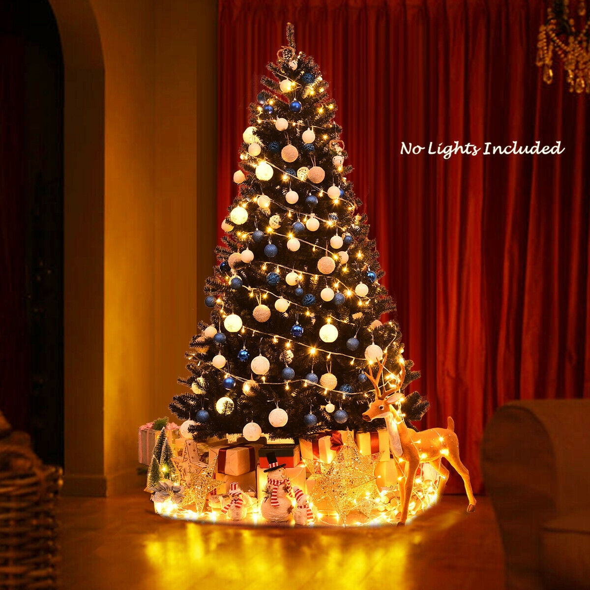 7.5 ft hinged artificial Christmas tree DirectDeals with warm white lights and blue ornaments on Tampa Home & Garden Store