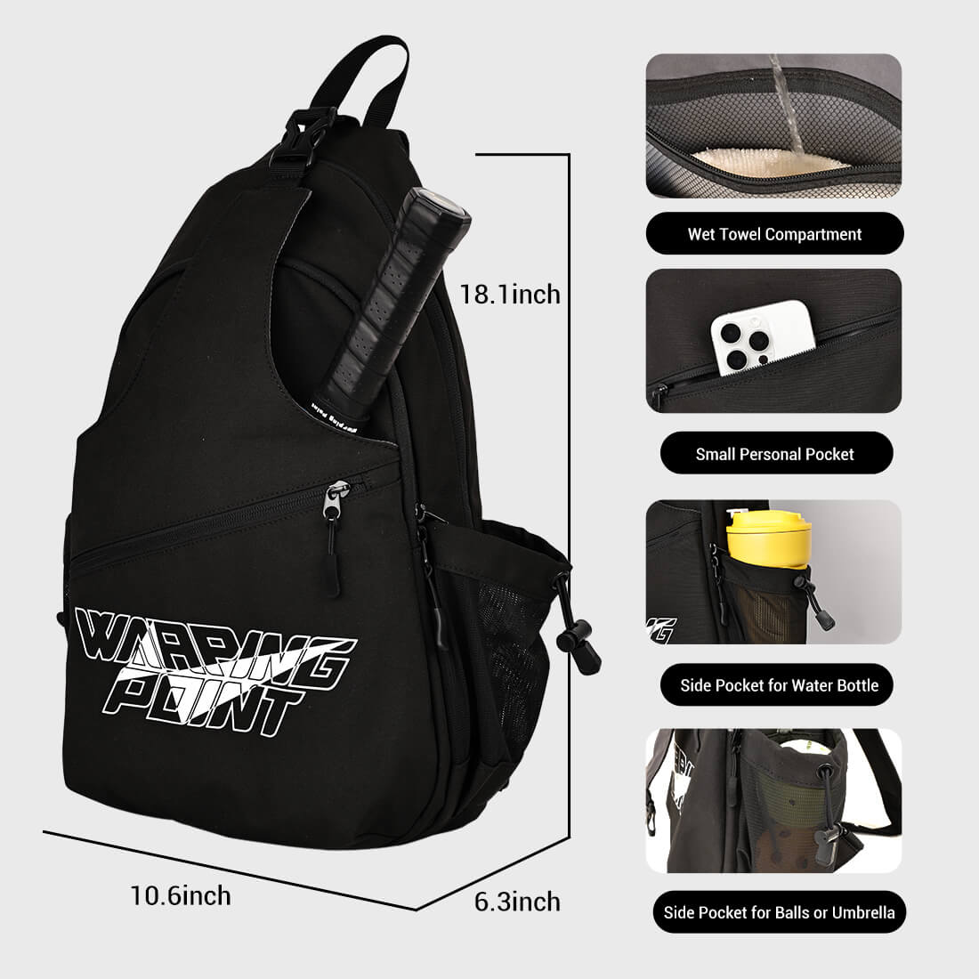 Pickleball Sling Bag Black by Warping Point with water bottle pocket on Tampa Home & Garden Store