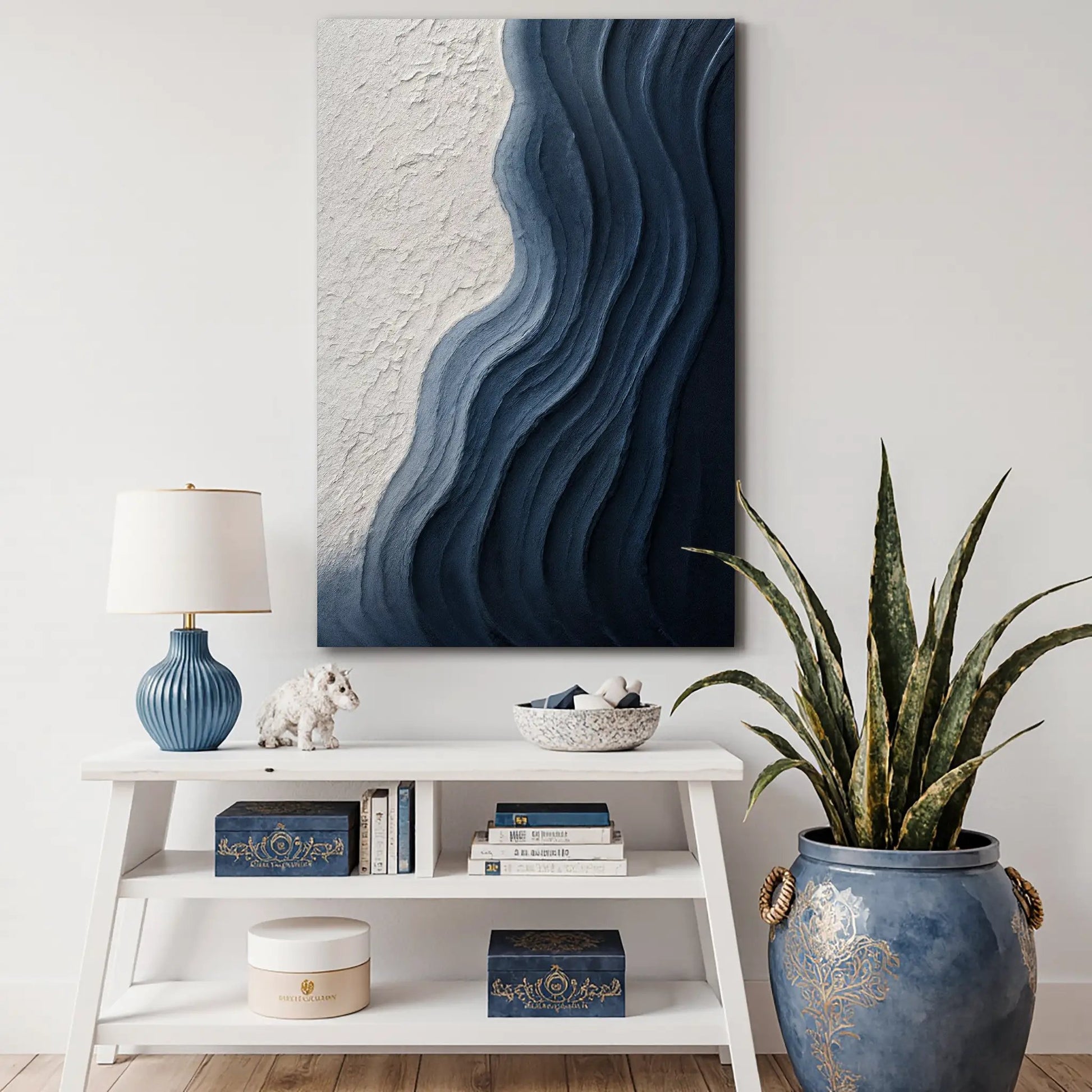 Abstract Minimalist Wave Impasto Canvas by Tailored Canvases in deep navy and light gray on Tampa Home & Garden Store