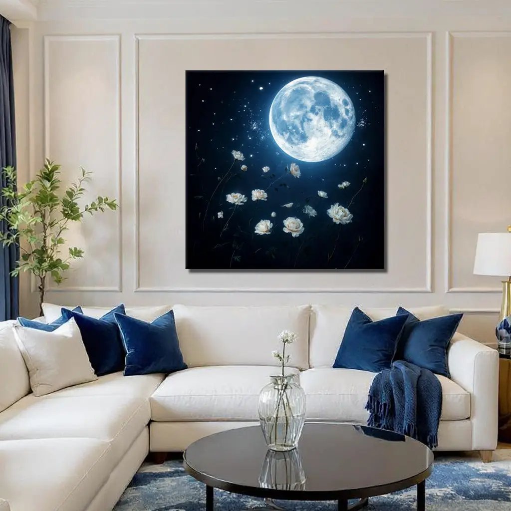 Lunar Canvas Wall Art by Tailored Canvases, blue night sky with full moon and white roses on Tampa Home & Garden Store