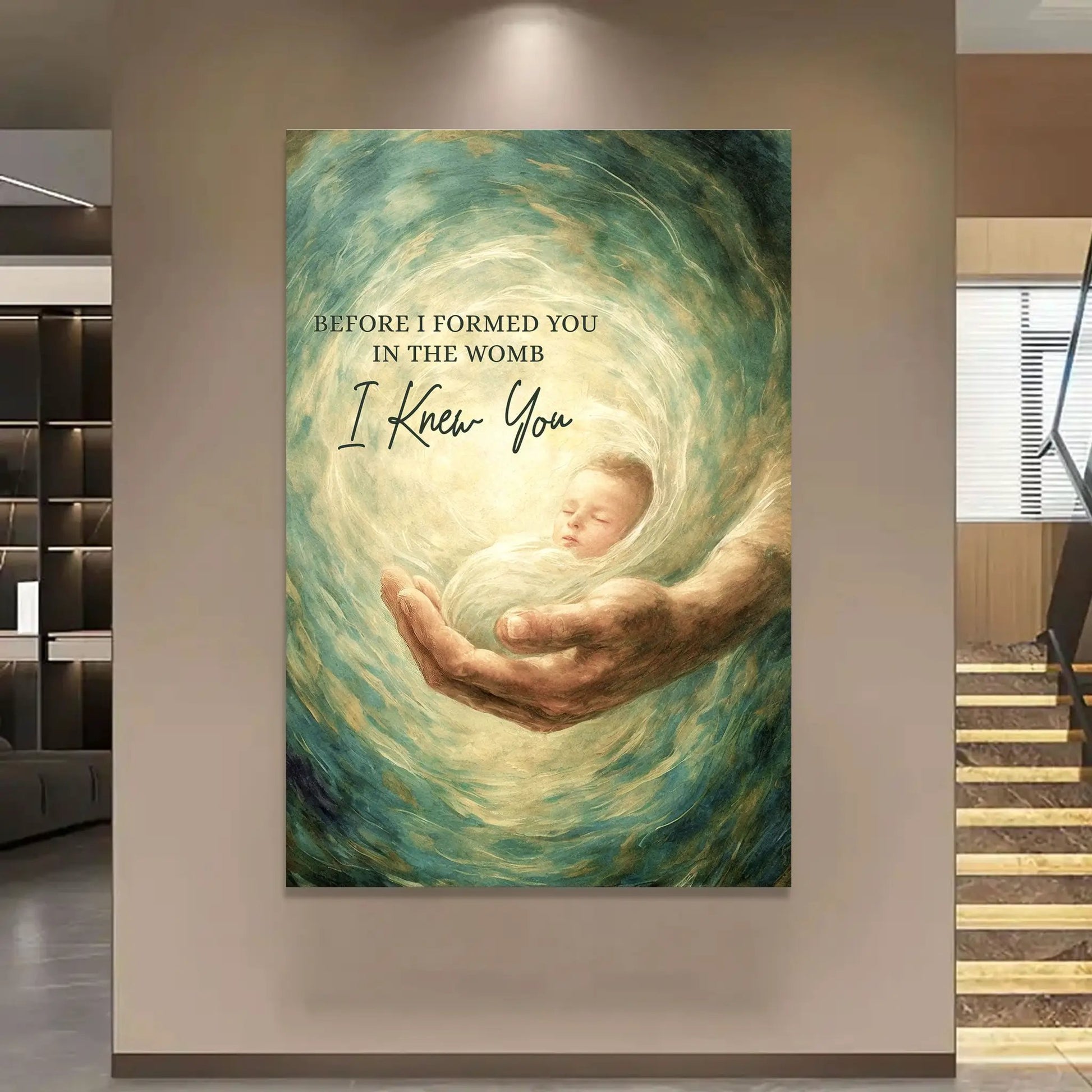 Unborn Faith Wall Sign canvas with teal swirls and verse Before I formed you in womb I knew you on Tampa Home & Garden Store