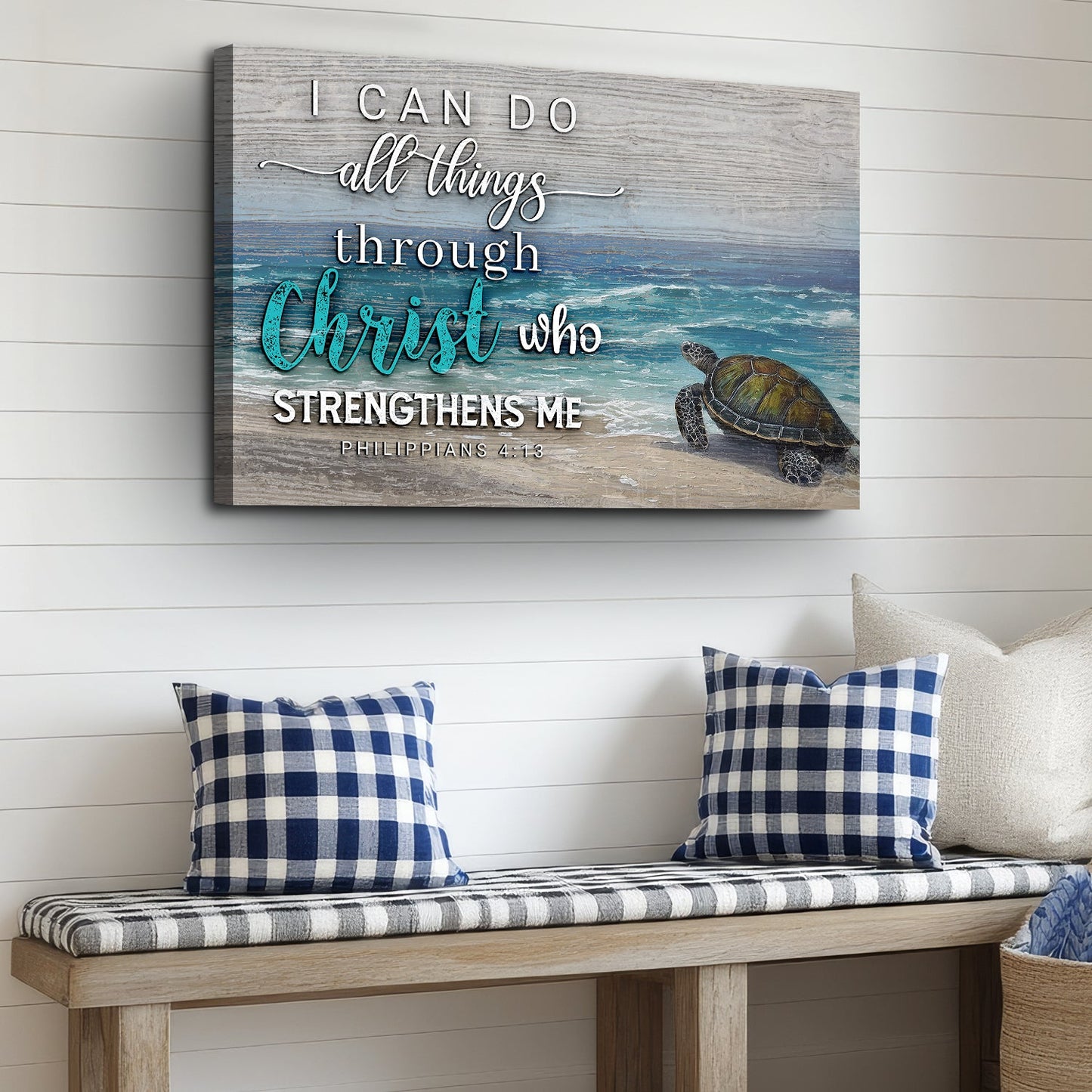 Tailored Canvases canvas sign I Can Do All Things Through Christ with sea turtle on beach scene on Tampa Home & Garden Store