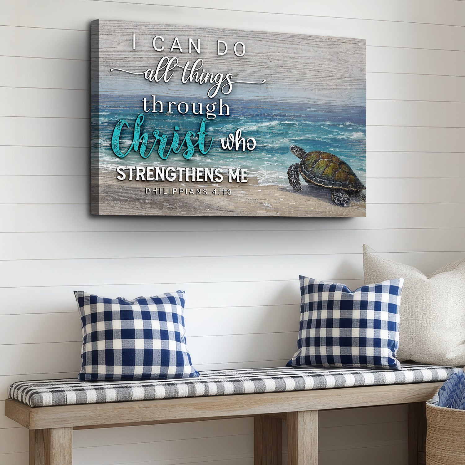 Tailored Canvases canvas sign I Can Do All Things Through Christ with sea turtle on beach scene on Tampa Home & Garden Store