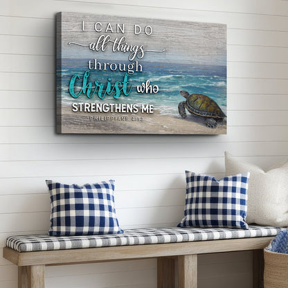 Tailored Canvases canvas sign I Can Do All Things Through Christ with sea turtle on beach scene on Tampa Home & Garden Store