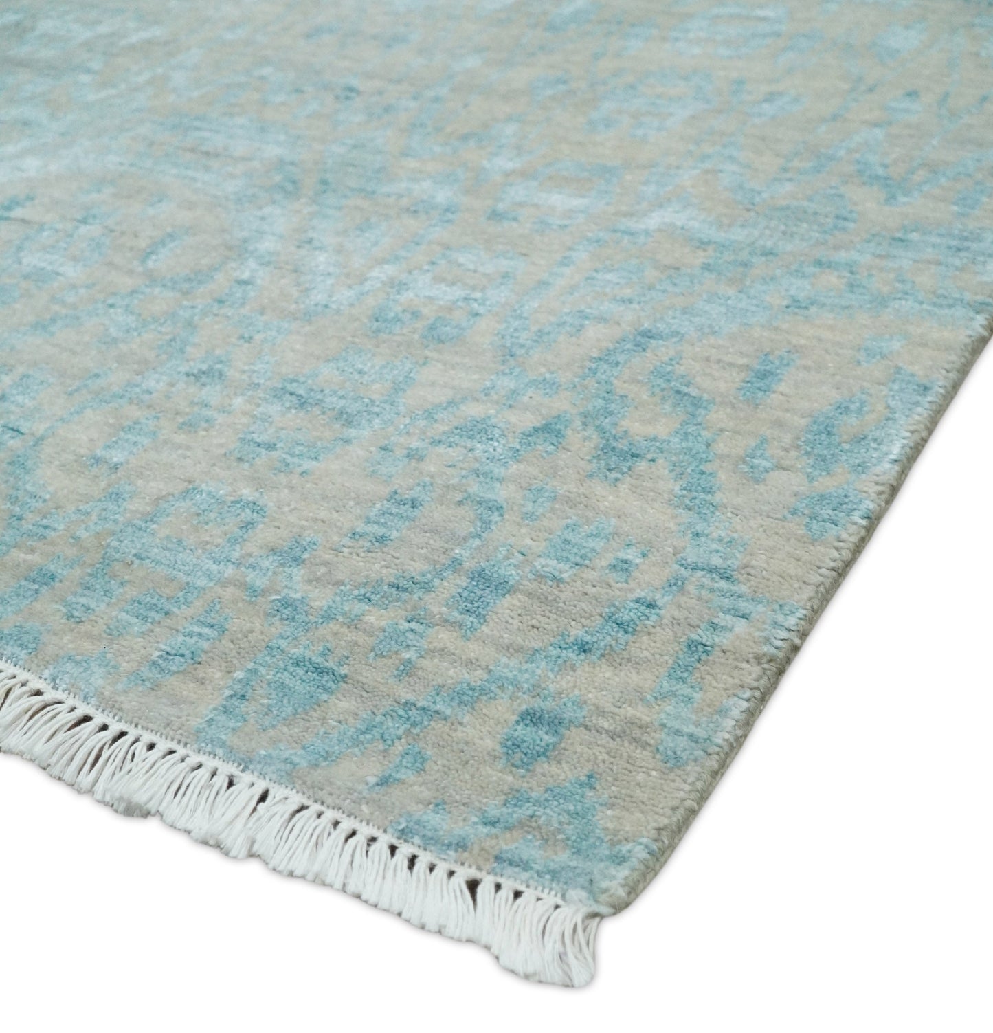 Alfombra antigua de lana y seda, estilo persa tradicional, anudada a mano, de 2,6 x 8 pulgadas, en tonos camel y azul | AGR26