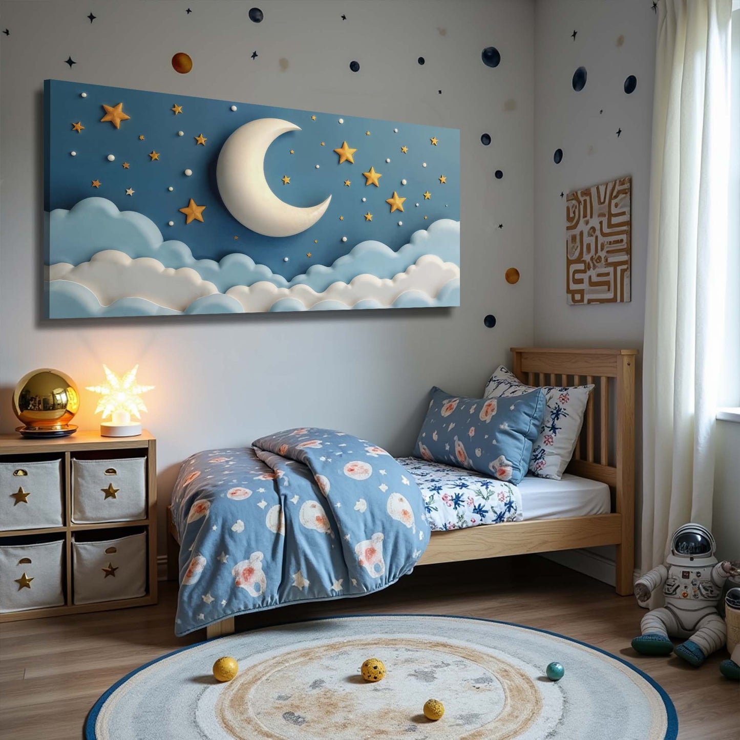 Celestial Serenade Canvas wall art with blue sky, moon and gold stars on Tampa Home & Garden Store