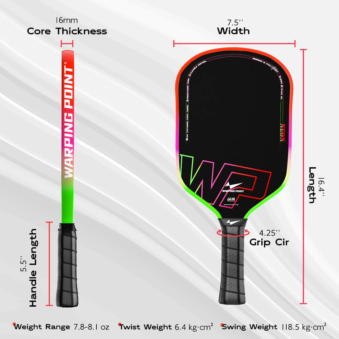 Neon Pickleball Paddle Gen 3 by Warping Point, neon gradient paddle with 16mm core on Tampa Home & Garden Store