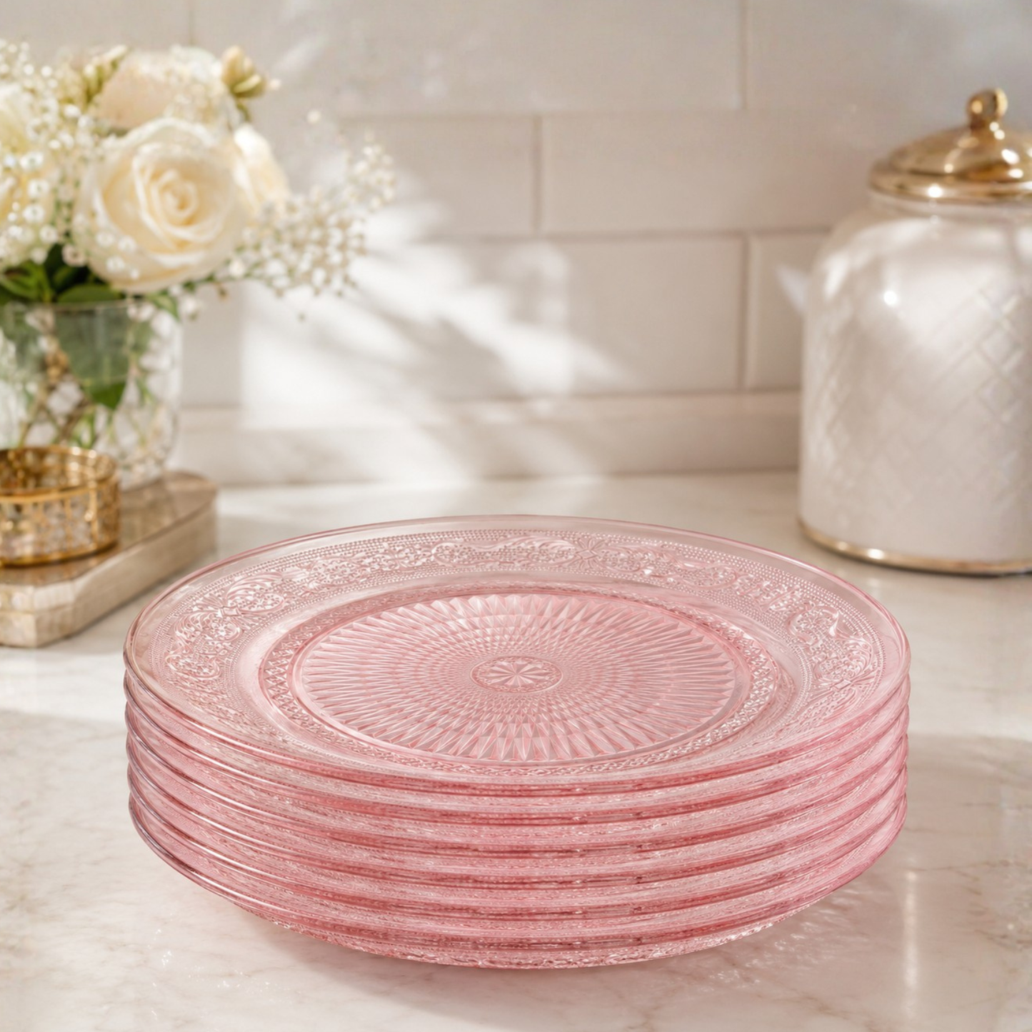 Blush Vintage Glass Plates and a Set of Six