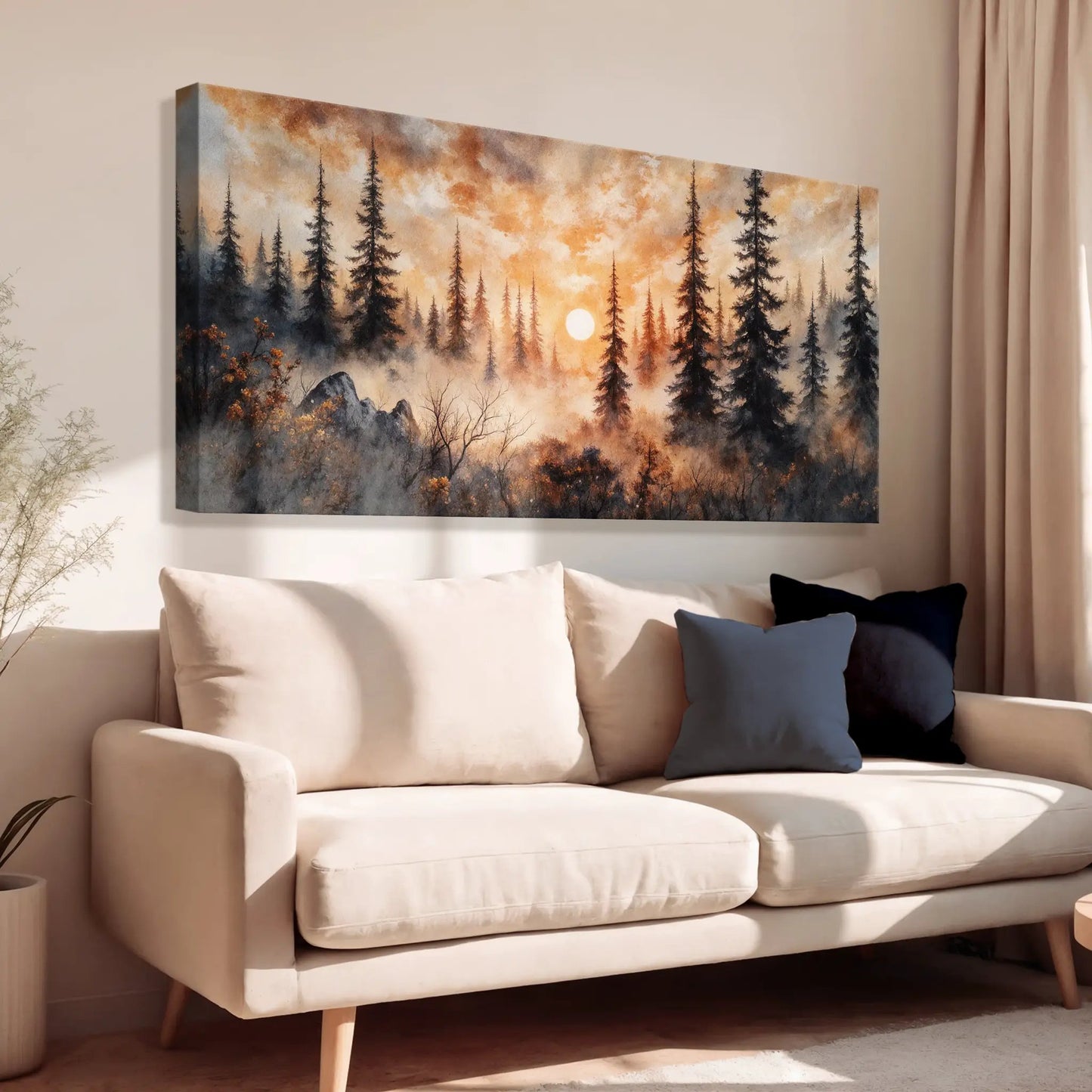 Rustic Forest Sunset canvas wall art with tall pine trees at sunset in warm orange tones on Tampa Home & Garden Store