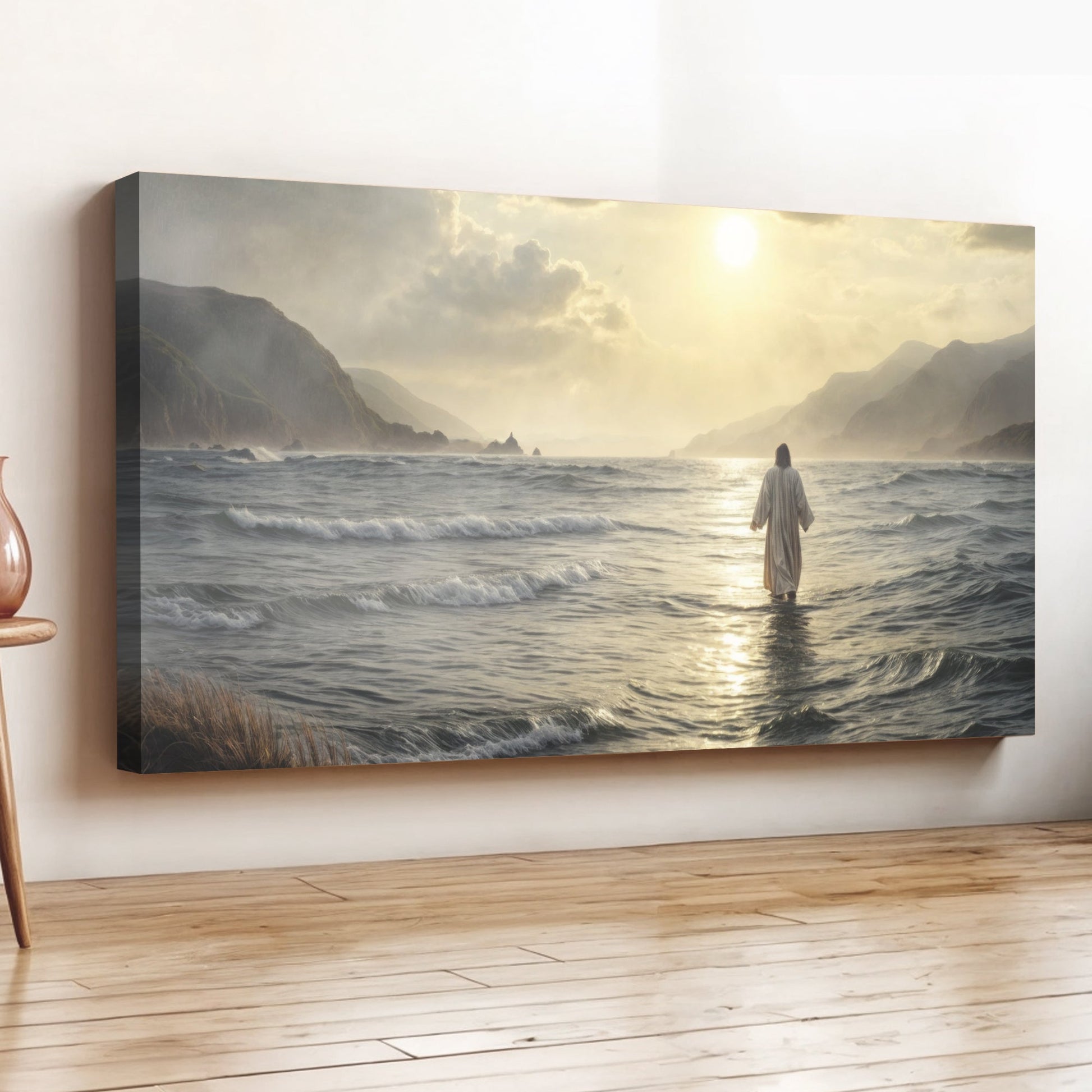 Walking on Water Faith Wall Art IX canvas by Tailored Canvases, a robed figure at sunlit shore on Tampa Home & Garden Store