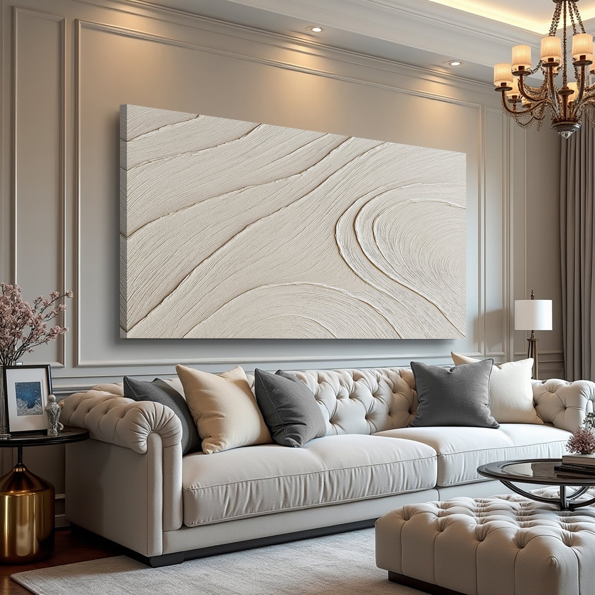 Minimalist wall art canvas with light gray wood-grain texture in a stylish living room on Tampa Home & Garden Store