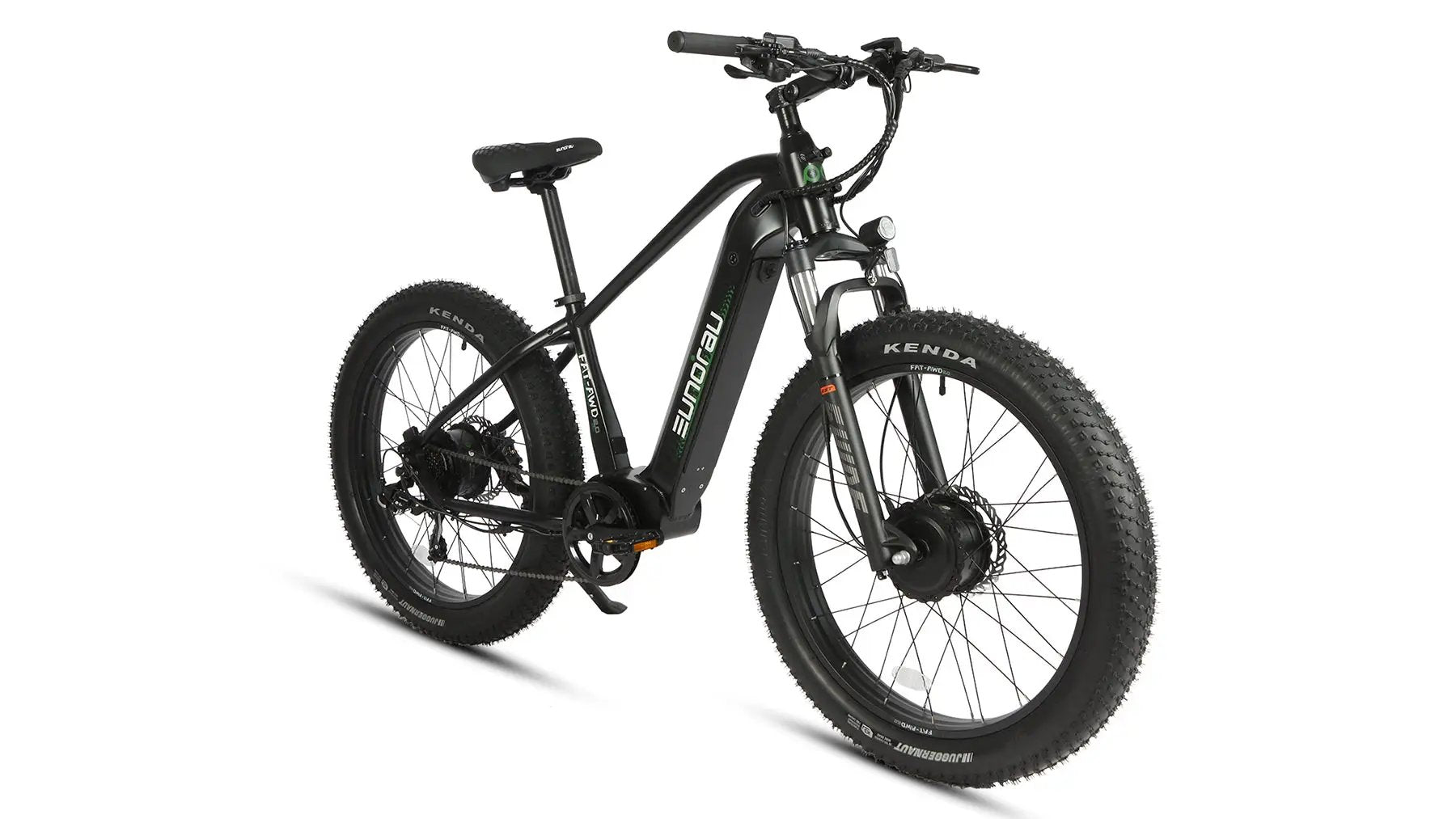 Electric bicycle FAT-AWD 2.0 by EUNORAU E-BIKE US, black fat-tire bike with front suspension on Tampa Home & Garden Store