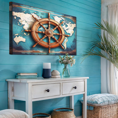 Sailboat ship wheel coastal wall art on canvas with turquoise backdrop by Tailored Canvases on Tampa Home & Garden Store