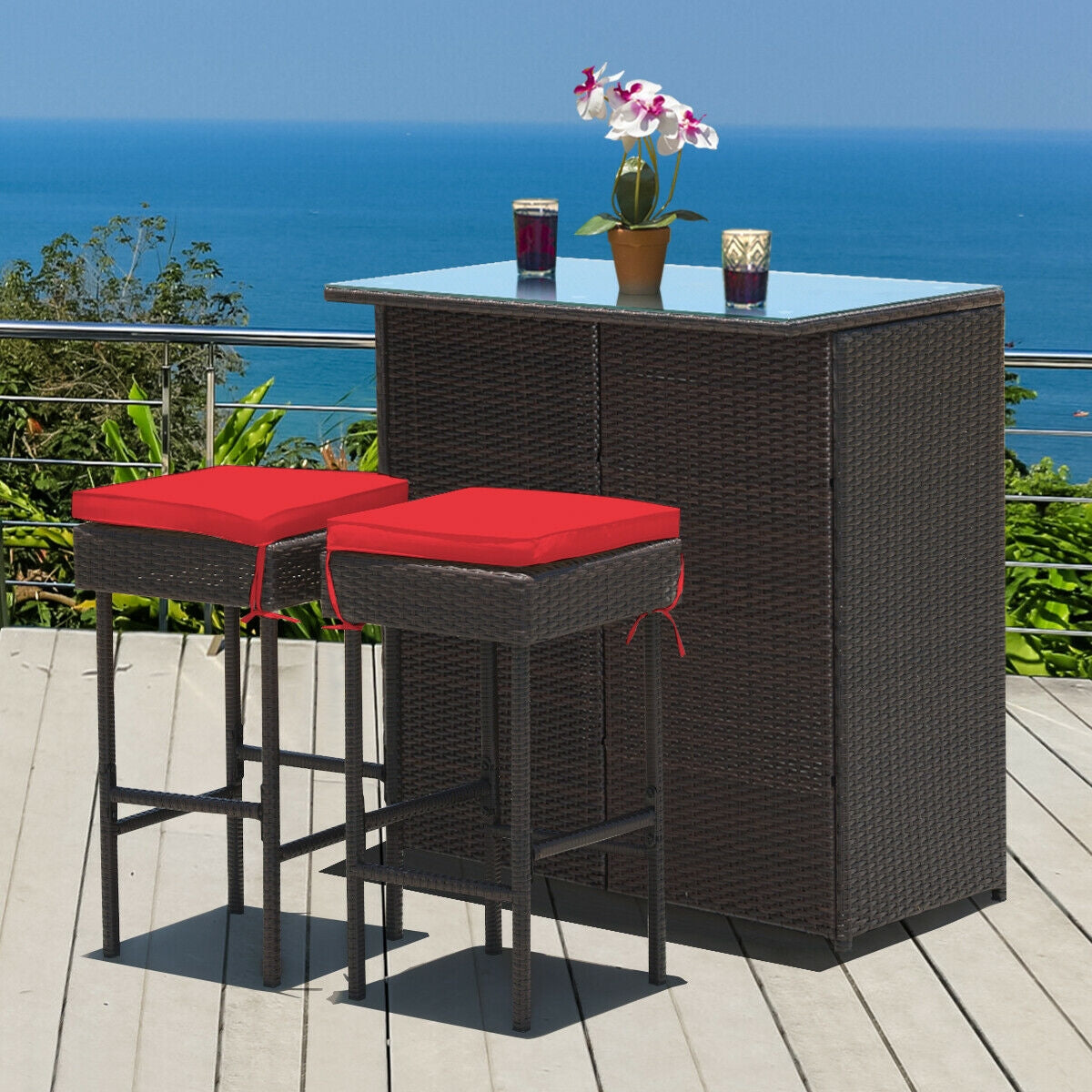 Juego de comedor de 3 piezas para patio de mimbre con mesa alta y taburetes - Rojo
