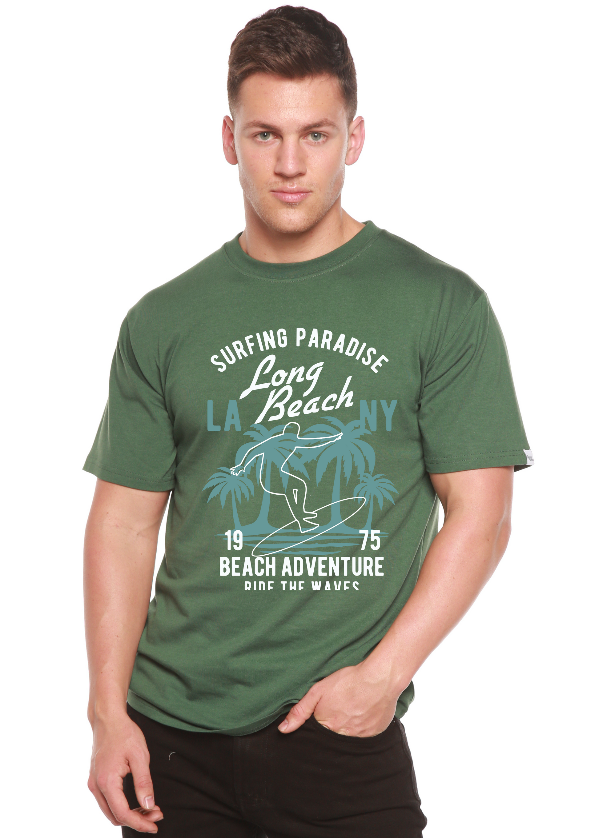 Beach Adventure men's green bamboo viscose/organic cotton shirt with palm surfer graphic on Tampa Home & Garden Store