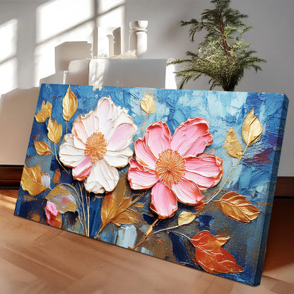 Golden Petals Impasto Wall Art canvas by Tailored Canvases, blue background with pink petals on Tampa Home & Garden Store