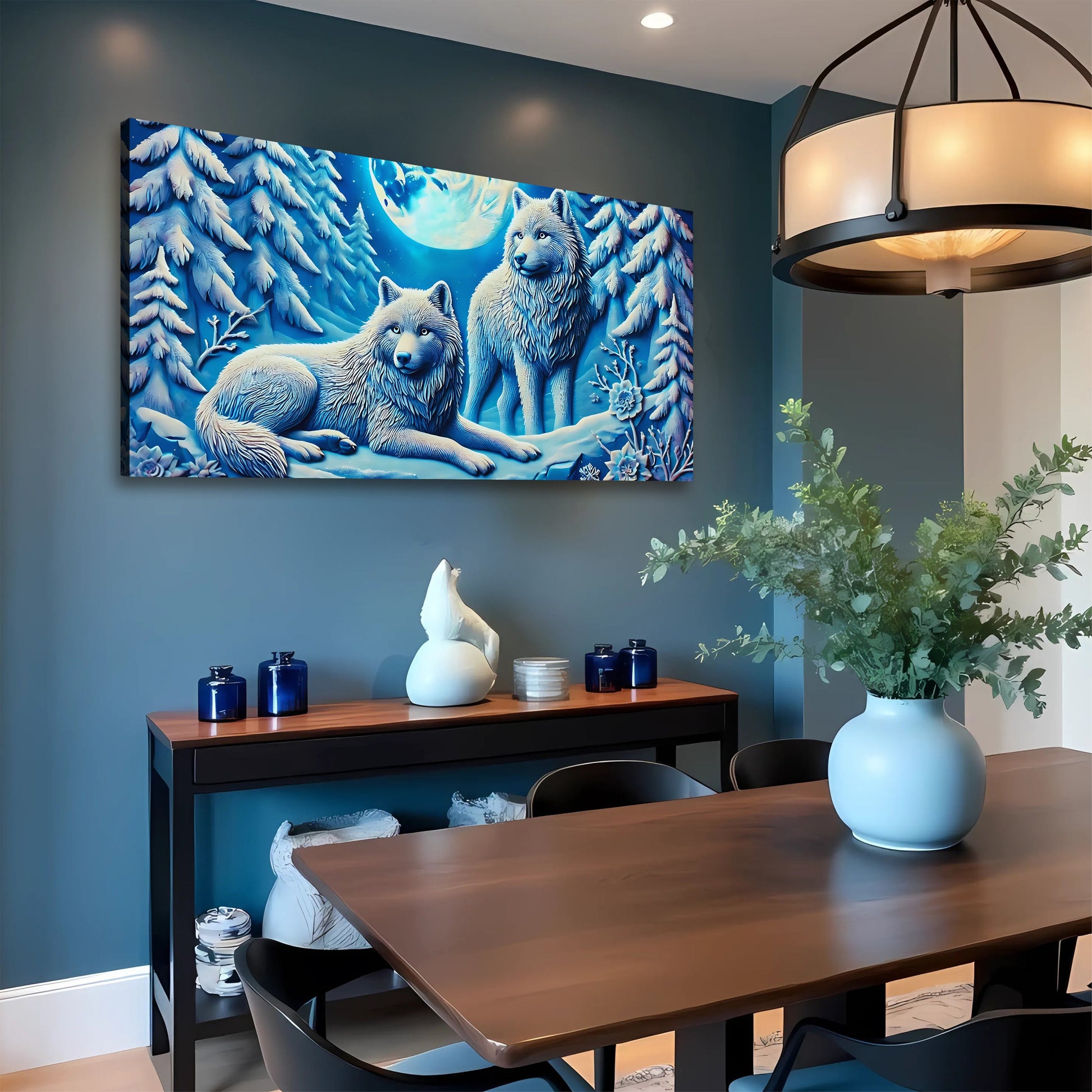 3D Wolves Wall Art V canvas by Tailored Canvases, blue snowy wolves in a winter forest on Tampa Home & Garden Store