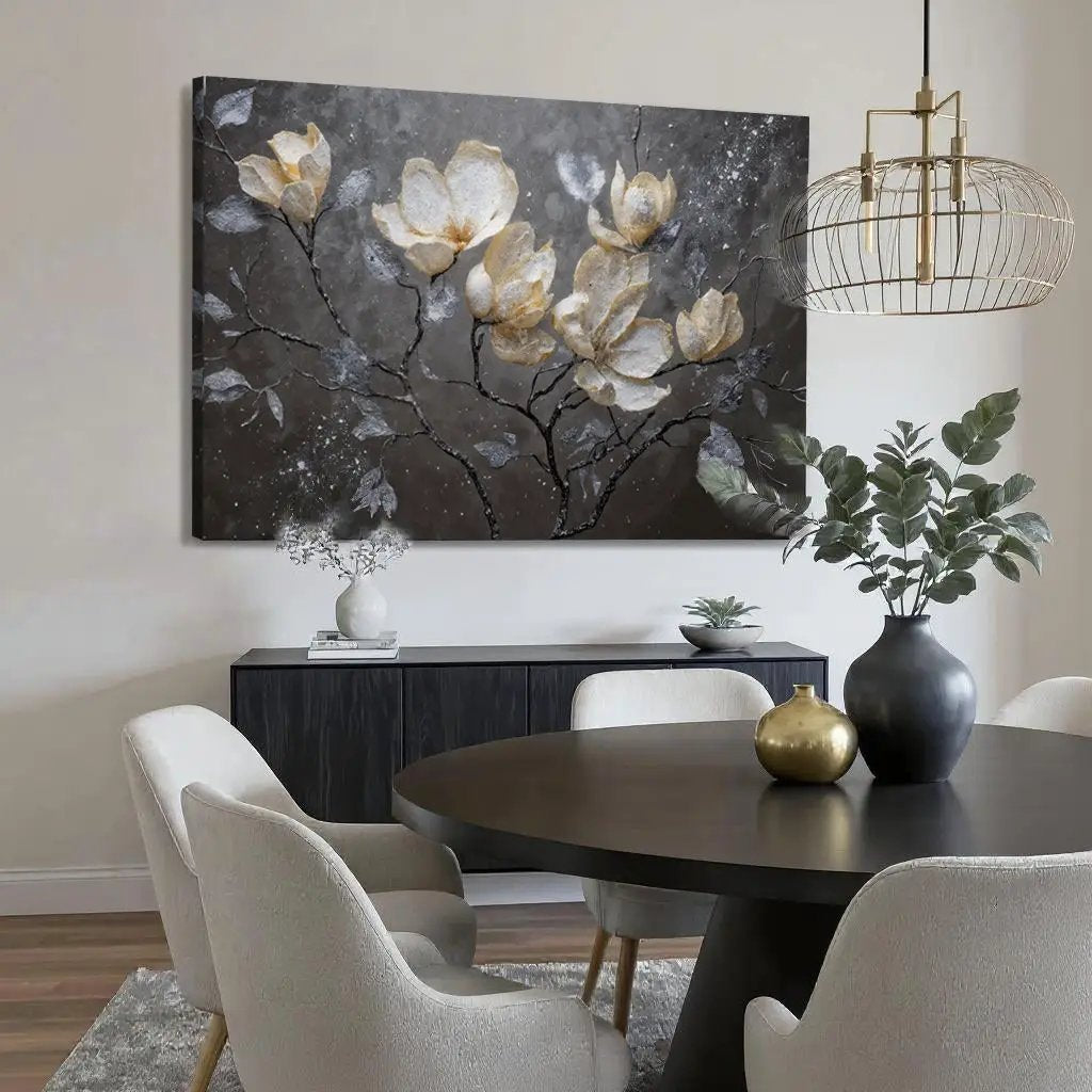 Midnight Magnolias Wall Art canvas by Tailored Canvases; dark background with cream magnolias on Tampa Home & Garden Store