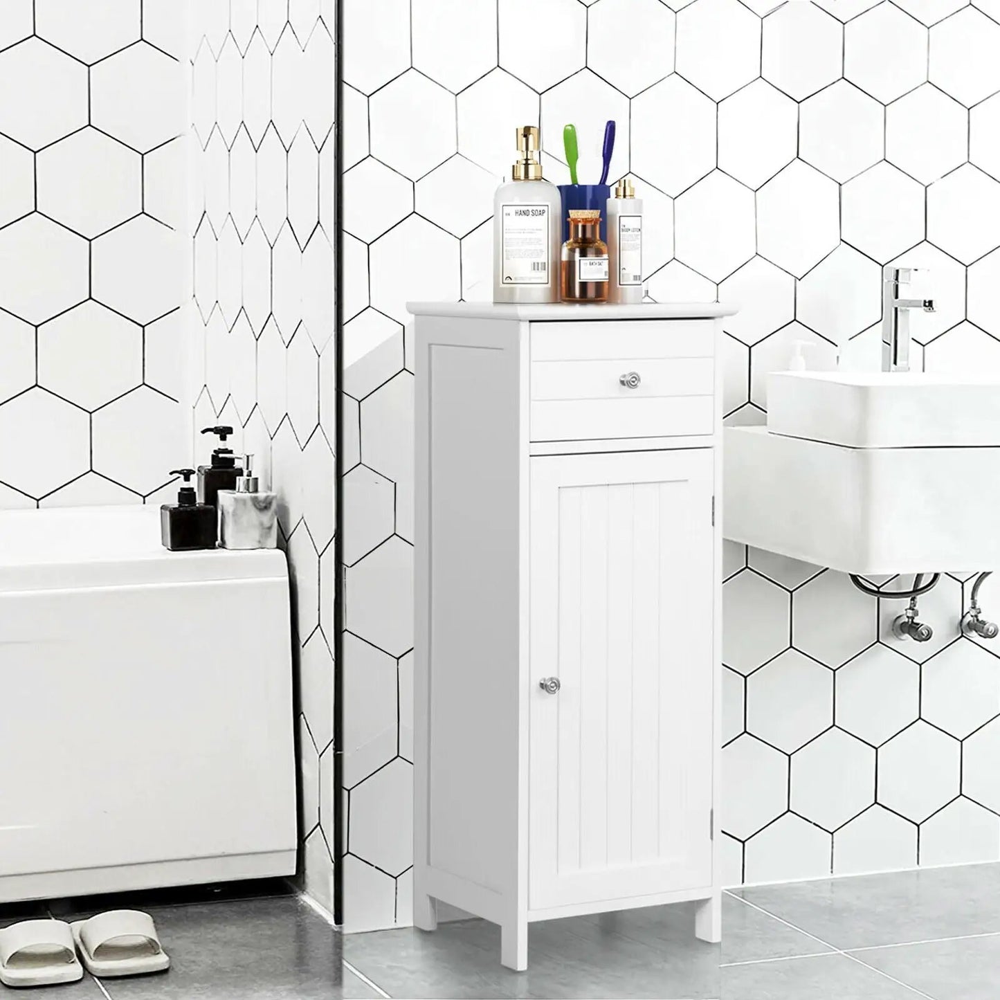 Wooden Bathroom Floor Storage Cabinet With Drawer