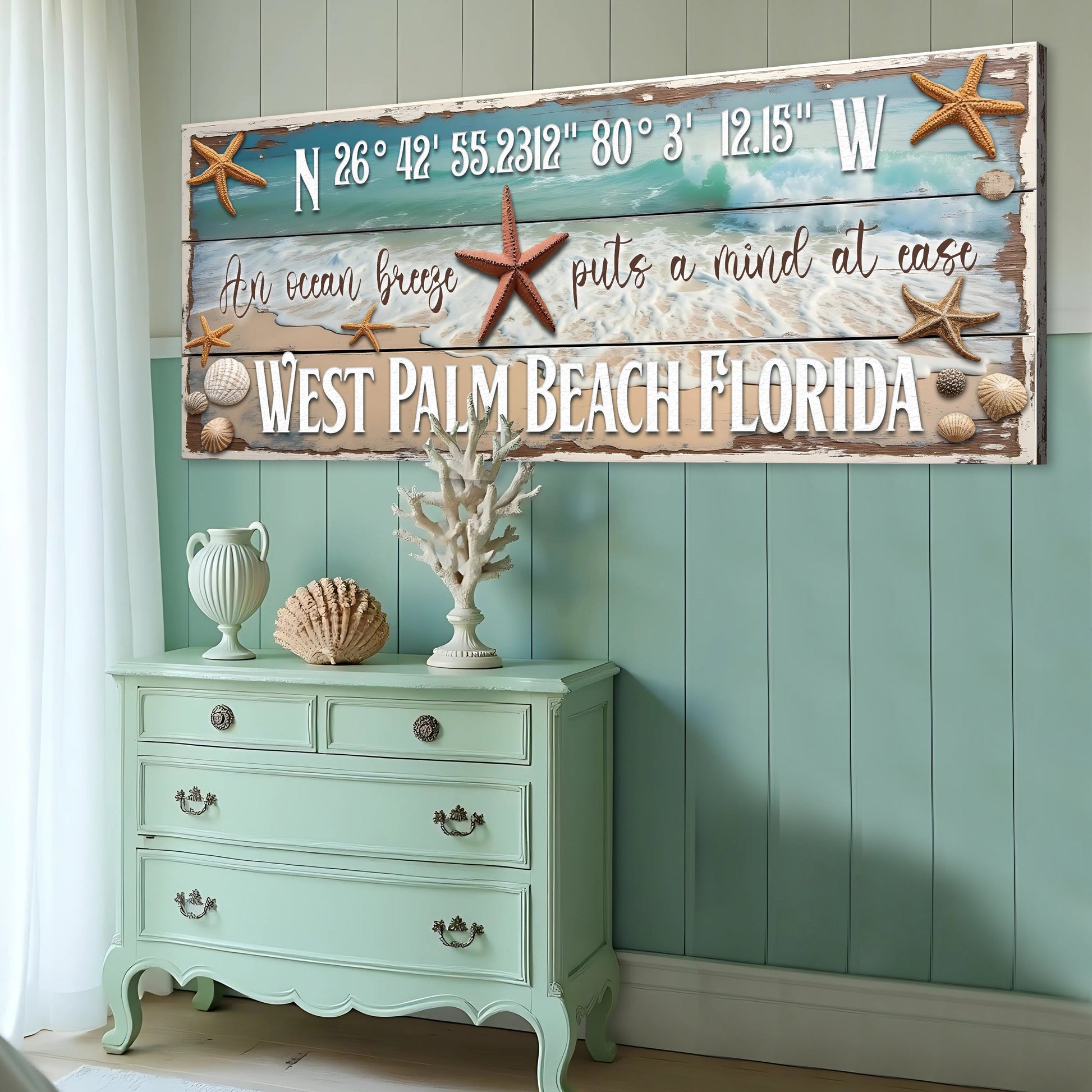 Personalized Beach House Coastal Sign III canvas with turquoise ocean scene and starfish accents on Tampa Home & Garden Store