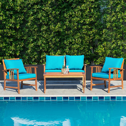 Juego de Muebles de Patio de Madera de 4 Piezas con Mesa, Sofá, Silla y Cojines para Jardín
