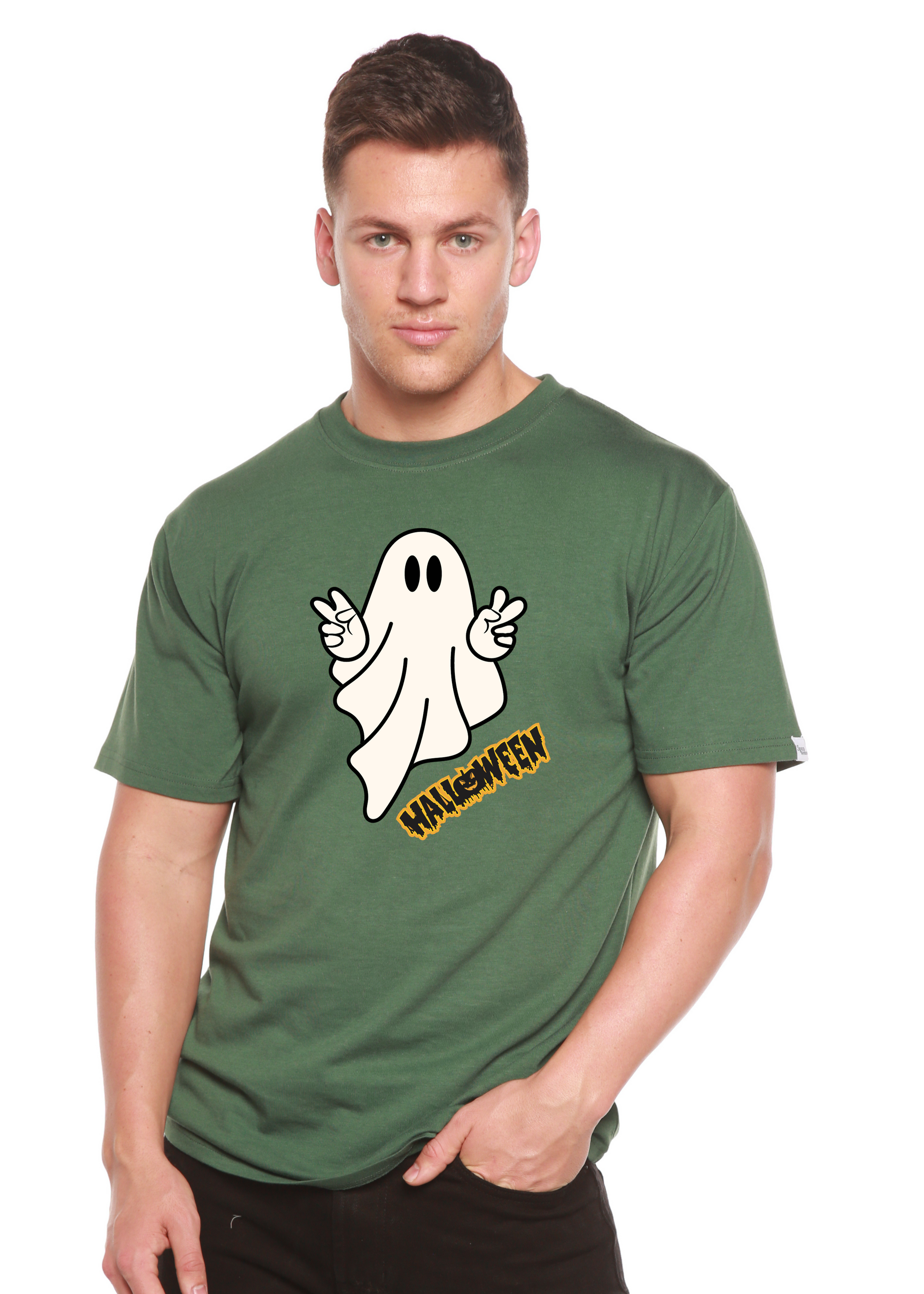 Halloween Ghost graphic T-shirt olive green in bamboo viscose/organic cotton by Spun Bamboo on Tampa Home & Garden Store
