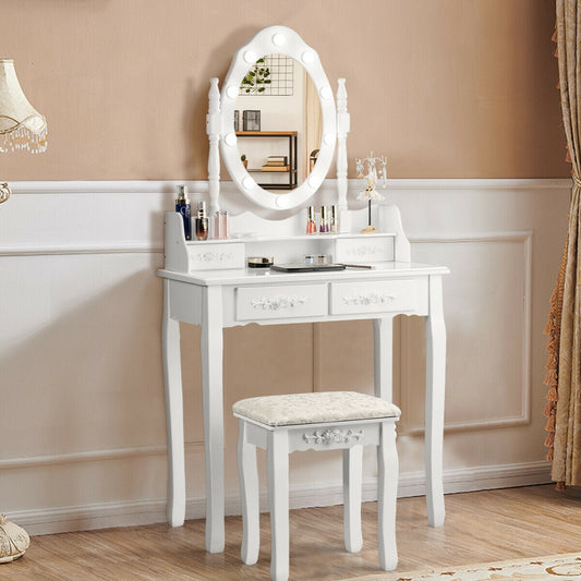 Juego de tocador de maquillaje con bombillas regulables y taburete acolchado - Blanco