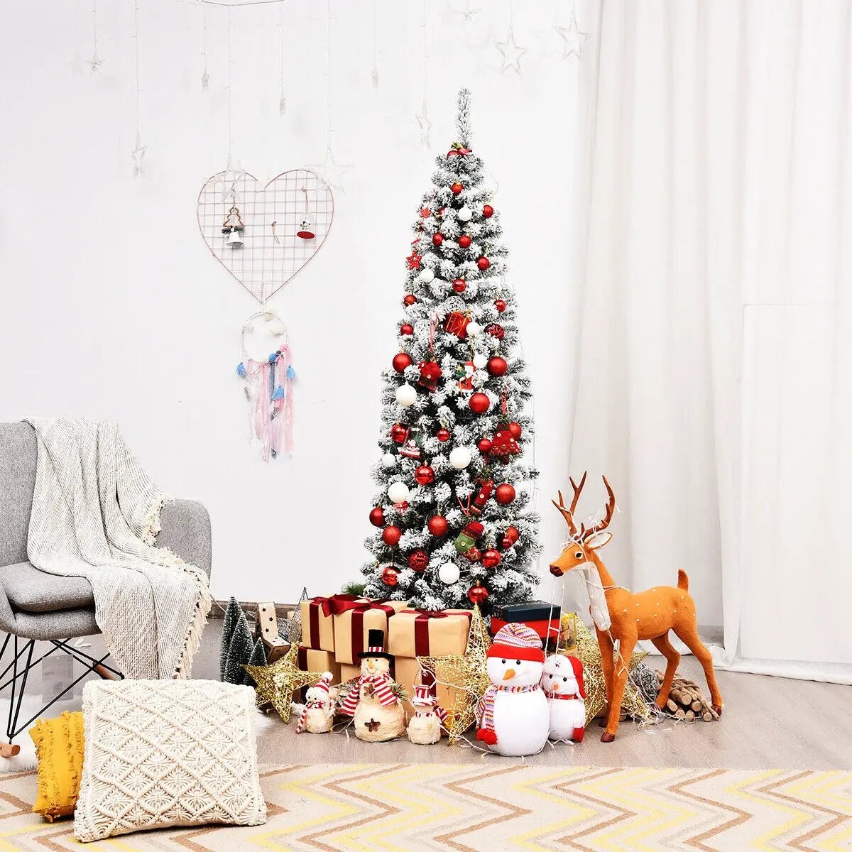 6 ft unlit hinged snow-flocked artificial pencil tree 500-tip by DirectDeals, red ornaments on Tampa Home & Garden Store