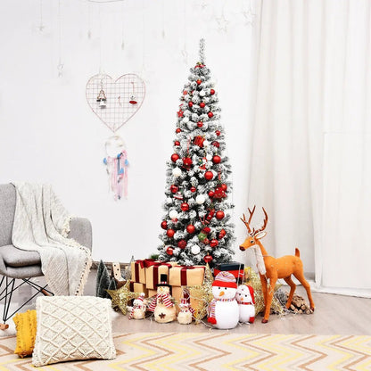 6 ft unlit hinged snow-flocked artificial pencil tree 500-tip by DirectDeals, red ornaments on Tampa Home & Garden Store