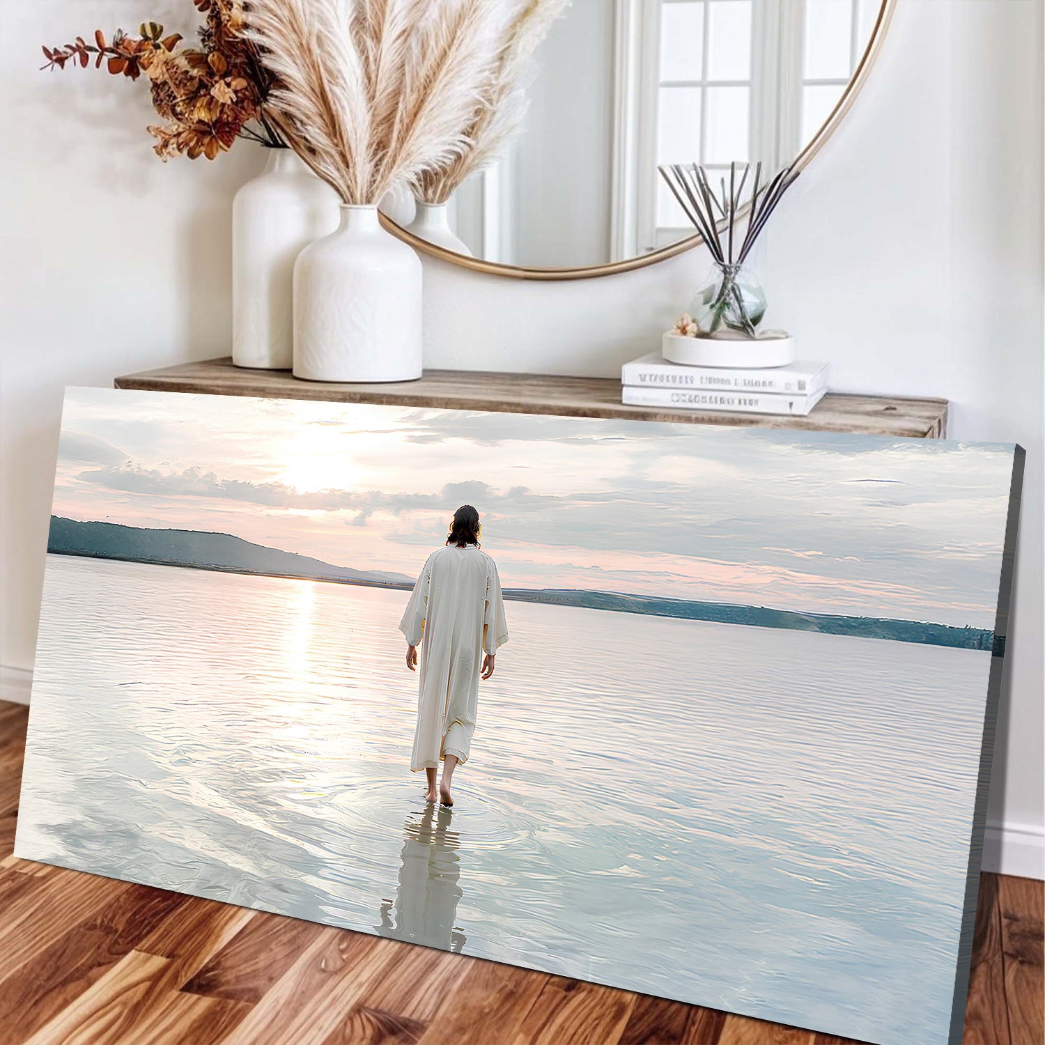 Reflections Faith Wall Art VI canvas woman in white robe walks toward sunset over water on Tampa Home & Garden Store