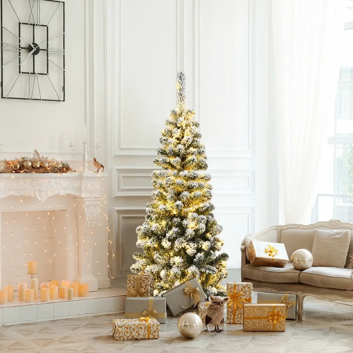 DirectDeals 4.5 ft pre-lit snow-flocked pencil Christmas tree with 150 LED lights, warm glow on Tampa Home & Garden Store