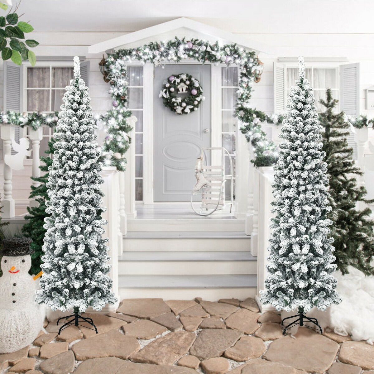 7.5 ft unlit hinged snow-flocked pencil Christmas trees, set of 2, 641 tips, DirectDeals on Tampa Home & Garden Store