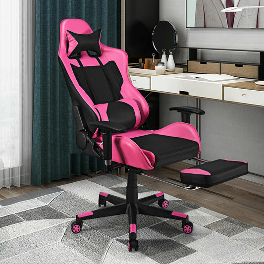 PU Leather Gaming Chair with USB Massage Lumbar Pillow and Footrest -Pink - Tampa Home & Garden Store