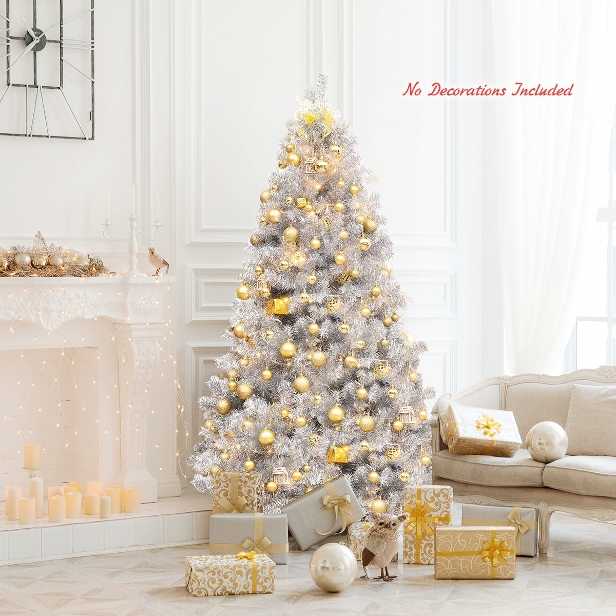 Árbol de Navidad artificial de oropel plateado de 1,8 m con bisagras sin luces y base de metal