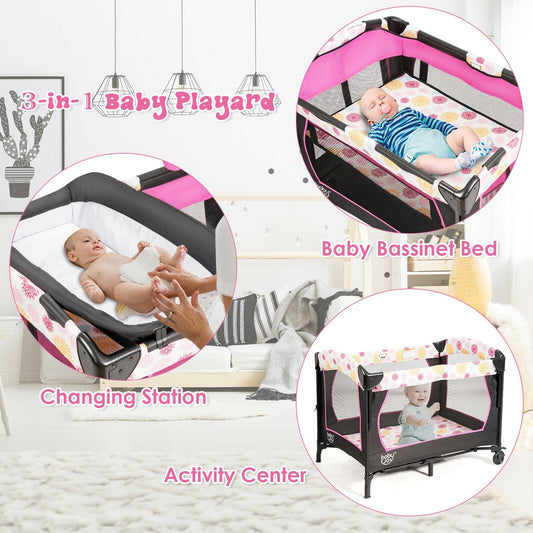 3-in-1 Convertible Portable Baby Playard with Music Box and Wheel and Brakes - Tampa Home & Garden Store