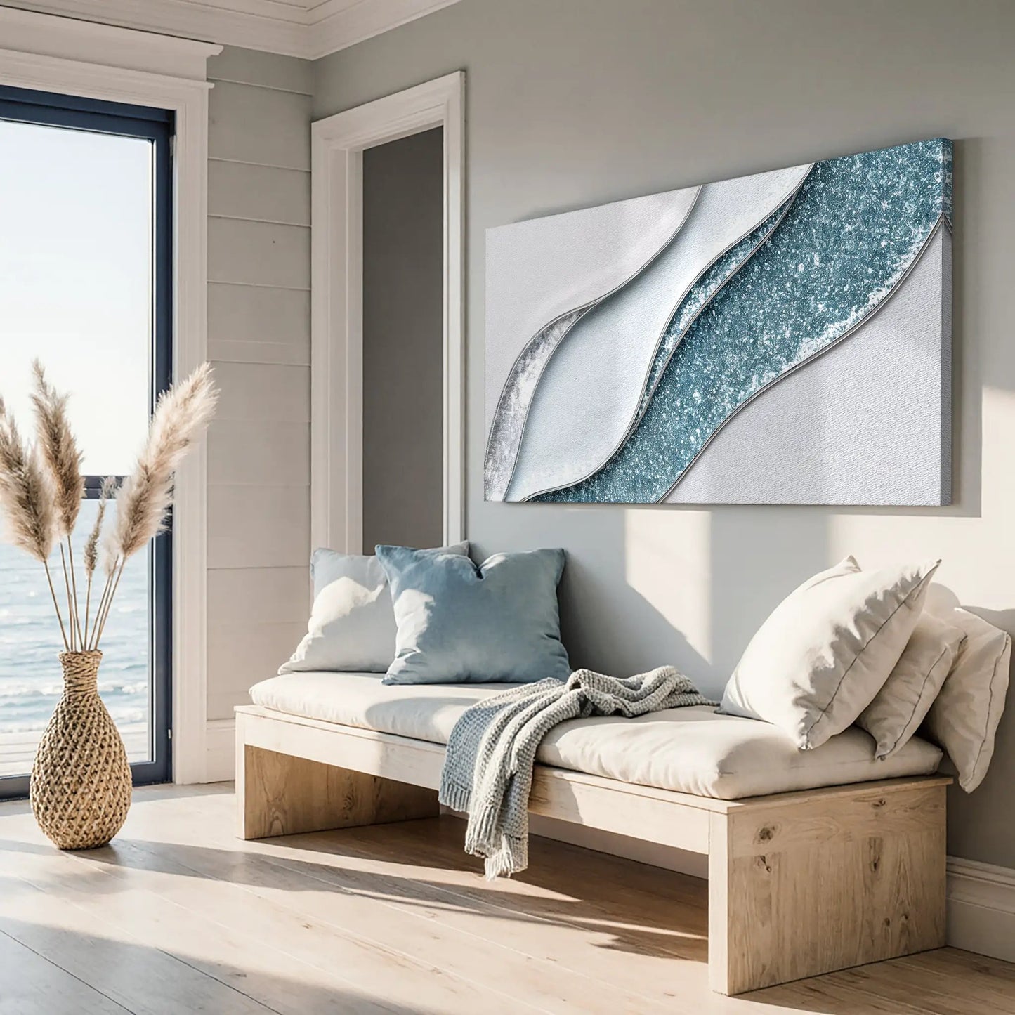 Lighter Waves Wall Art canvas with teal wave pattern and curved silver arcs on Tampa Home & Garden Store